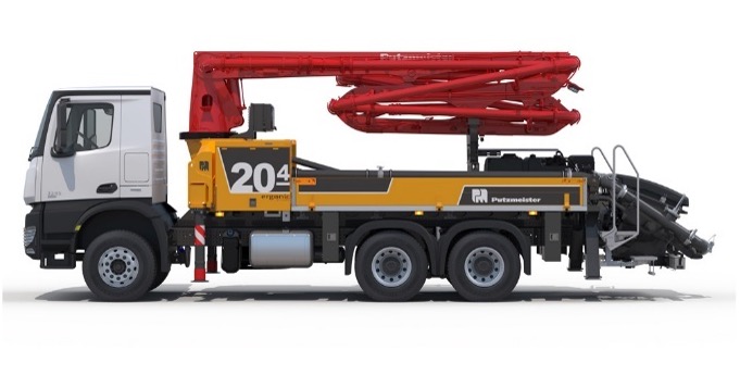 Putzmeister mobiele betonpomp met compacte giek voor wendbaar werken op de werf.